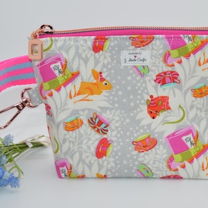 Curiouser Fabric de Tula Pink - Somewhere in Wonder - Bolso de mano con cremallera y monedero, llavero, hecho a mano, regalo, bolso con cremallera,