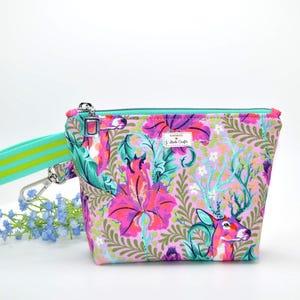 Wristlet Zipper Clutch pouch crafted from Tula Pink Mini Beast Fabric-"Deer John"  Key Chain, Handmade, Gift, Zipper Bag, Project Pouch