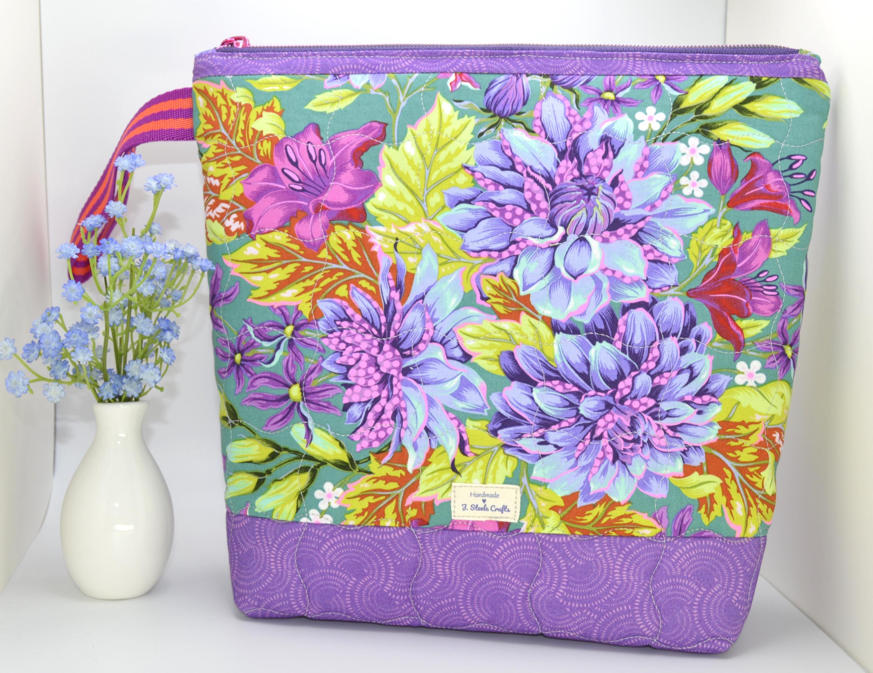 Trousse à projets zippée avec tissu Hello Dahlia rose tula, compagnon idéal de travaux manuels, fourre-tout à tricot, trousse de bricolage, trousse de maquillage et de toilette, sac de voyage
