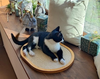 Handmade Cat Scratcher – Sisal Scratching Post, Wooden Cat Furniture, Durable Pet Scratcher, Modern Scratch Post for Cats, cat lover present