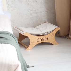 Personalized Cat Bed – Custom Wooden Pet Bed, Handmade Cat Hammock, Soft Pillow, Engraved Name, Stylish and Cozy Cat Furniture
