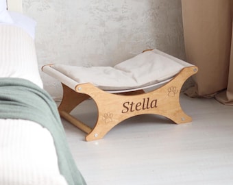 Personalized Cat Bed – Custom Wooden Pet Bed, Handmade Cat Hammock, Soft Pillow, Engraved Name, Stylish and Cozy Cat Furniture