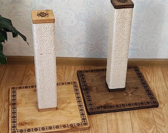 Cat Scratcher with Folk Ukrainian Design – Sisal Scratching Post, Wooden Cat Furniture, Durable Cat Scratch Pad, Pet Gift, Home Decor