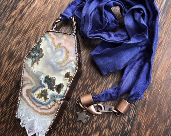 Electroformed agate and amethyst large coffin necklace