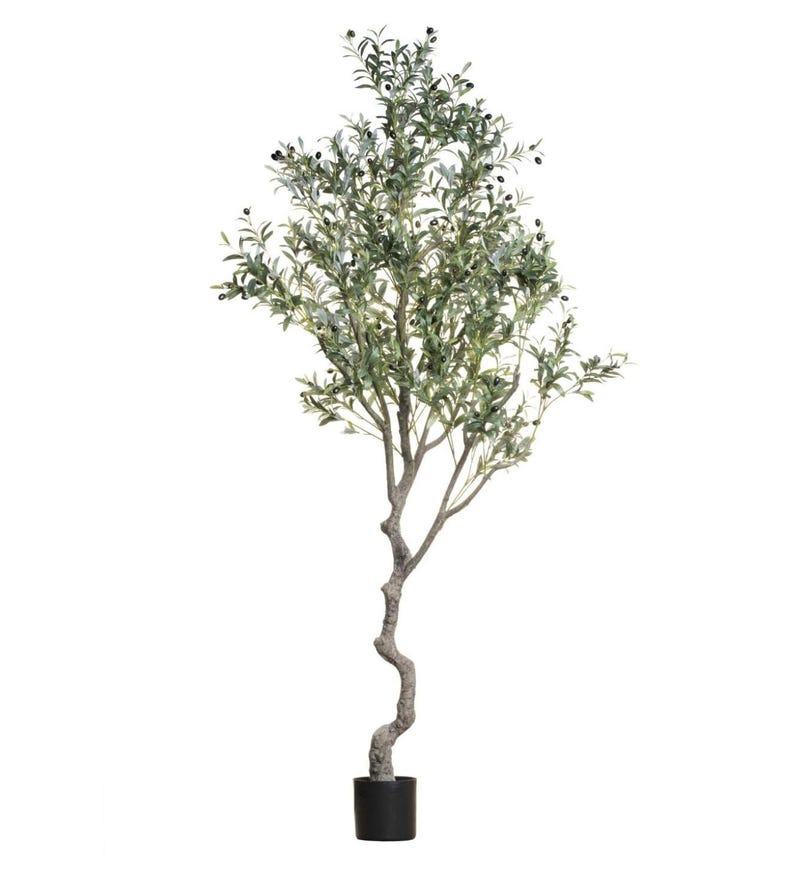 Puede incluir: Un olivo artificial con un tronco sinuoso y una densa copa de hojas verdes y peque&ntilde;as aceitunas oscuras. El &aacute;rbol est&aacute; plantado en una maceta cil&iacute;ndrica negra. Perfecto para a&ntilde;adir un toque mediterr&aacute;neo a cualquier espacio interior. Es un art&iacute;culo decorativo.