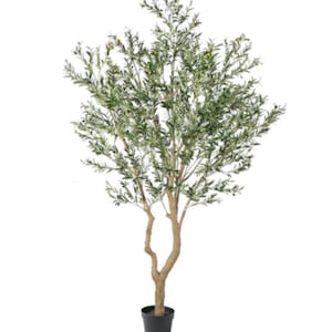 May include: An artificial olive tree with a textured light brown trunk that splits into two main stems. The branches are filled with numerous narrow, pointed green leaves and small, round green and dark-colored olives, all set in a black pot.