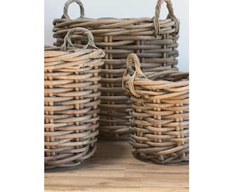 Extra Large BEAUTIFUL Thick Rattan Baskets, Rattan Baskets, Large Basket, Grey Basket, Wood Basket, Boho Basket, Storage Basket