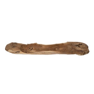 May include: A long, rustic wooden serving tray with a natural brown finish. The tray has a unique, organic shape and a slightly curved surface.