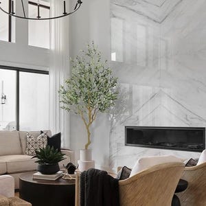 May include: A living room interior with a large artificial olive tree in a white pot, a fireplace with a black surround, and two chairs with white cushions and wooden frames.