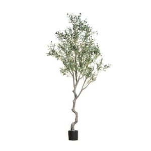 Puede incluir: Un olivo artificial con un tronco delgado y retorcido y un exuberante follaje verde. El &aacute;rbol presenta peque&ntilde;os acentos oscuros en forma de aceituna y est&aacute; plantado en un sencillo recipiente negro. El &aacute;rbol es un objeto decorativo.