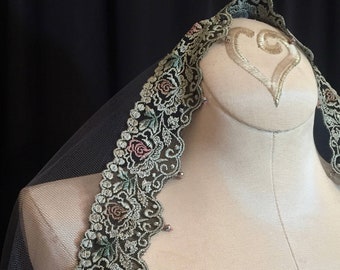 ON SALE -  Smoky Gray Mantilla Veil With Silver-Green Lace And Crystals