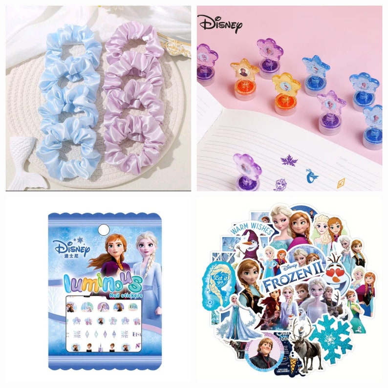 May include: A set of Frozen themed craft supplies including a pack of nail stickers, a sheet of stickers, and a set of stamps. The nail stickers feature images of Elsa, Anna, Olaf, and other characters from the movie. The sheet of stickers features a variety of Frozen characters and images. The stamps are shaped like stars and feature images of Elsa, Anna, and Olaf. The stamps are purple, blue, and yellow.