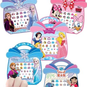 May include: Five colorful Disney-themed purses with nail stickers inside. Each purse features a different Disney character, including Frozen, Mickey Mouse, Princess, and Stitch.