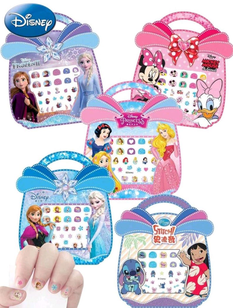 May include: Five colorful Disney-themed purses with nail stickers inside. Each purse features a different Disney character, including Frozen, Mickey Mouse, Princess, and Stitch.
