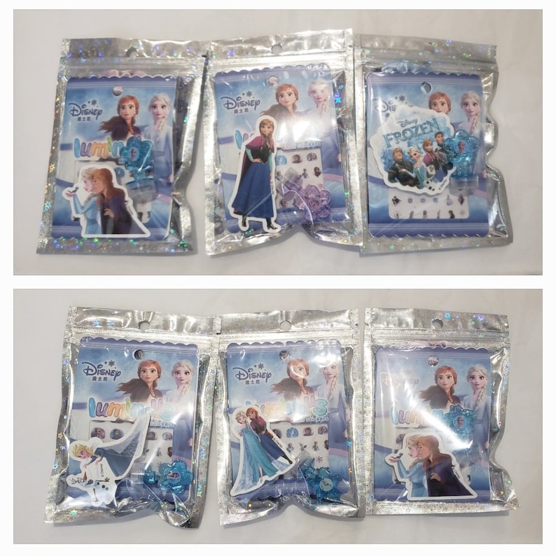 May include: Six individual packages of Frozen nail stickers. Each package features a different design with characters from the Disney movie Frozen. The packages are silver with a holographic finish.