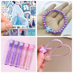 May include: A set of Frozen-themed party supplies including stickers featuring Elsa, Anna, and Olaf, a purple beaded bracelet with a snowflake charm, a set of purple and pink bubble wands with butterfly charms, and a purple and pink hair tie with a sparkly charm.