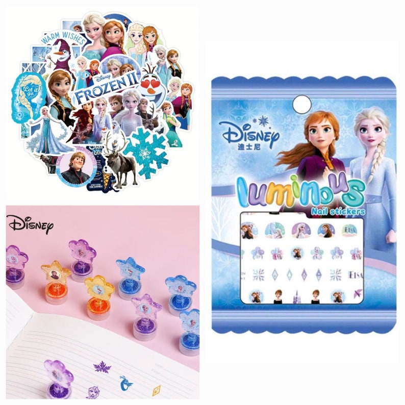 May include: A set of Frozen II themed nail stickers featuring images of Elsa, Anna, Olaf, and other characters from the movie. The stickers are in a clear plastic bag with a blue background and the text "Disney luminous nail stickers".