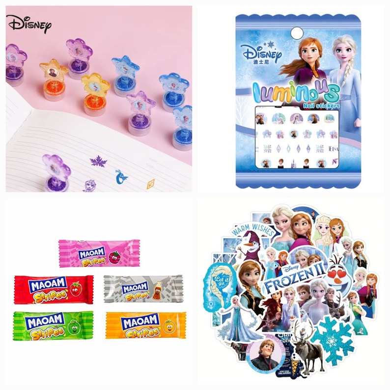 May include: A set of Frozen II themed products including a pack of stickers, a pack of nail stickers, a pack of candy, and a set of stamps. The stickers feature characters from the movie, including Elsa, Anna, Olaf, and Kristoff. The nail stickers are luminous and feature various Frozen II designs. The candy is wrapped in colorful foil and features the MAOAM logo. The stamps are star-shaped and feature various Frozen II characters.