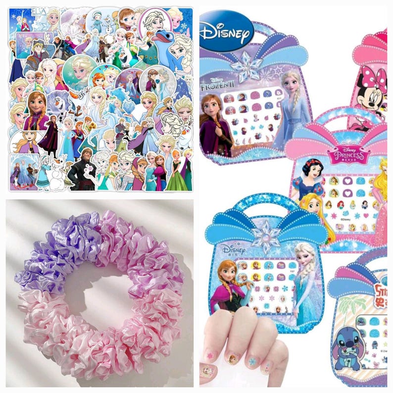 May include: A set of Disney Princess nail stickers featuring characters like Elsa, Anna, Snow White, and Cinderella. The stickers are packaged in a colorful, plastic bag with a handle. The bag is decorated with images of the princesses and the Disney logo.