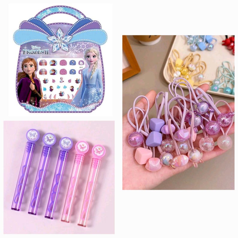 May include: A set of Frozen II themed children's accessories including a purple and pink bubble wand, a set of nail stickers in a purple and blue carrying case, and a set of purple and pink hair ties with various charms.
