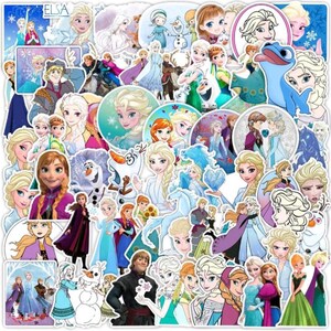 May include: A set of 50 colorful stickers featuring characters from the animated film Frozen. The stickers feature Elsa, Anna, Olaf, Kristoff, Sven, and other characters from the movie. The stickers are perfect for decorating laptops, water bottles, notebooks, and other items.