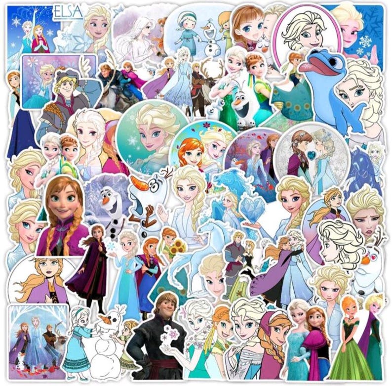 May include: A set of 50 colorful stickers featuring characters from the animated film Frozen. The stickers feature Elsa, Anna, Olaf, Kristoff, Sven, and other characters from the movie. The stickers are perfect for decorating laptops, water bottles, notebooks, and other items.
