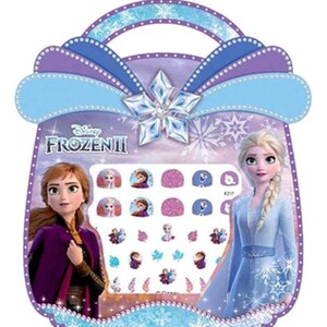 May include: A purple and blue carrying case with a snowflake design and the words "Disney Frozen II" on the front. The case contains a set of nail stickers featuring characters from the movie Frozen II, including Elsa and Anna.