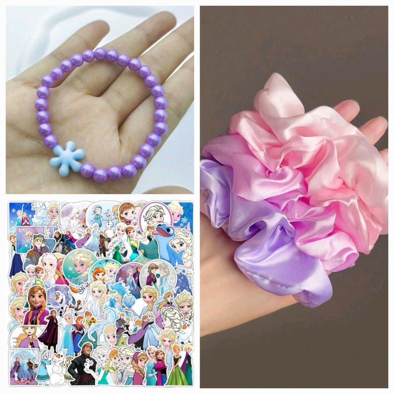 May include: A set of Frozen themed accessories including a purple and white snowflake charm bracelet and a pink and purple satin scrunchie. The set also includes a sheet of Frozen character stickers.