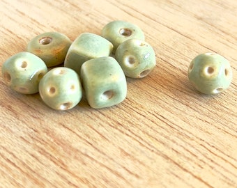 ceramic beads, handmade ceramic beads, one of a kind beads, light green pottery beads, handmade art beads