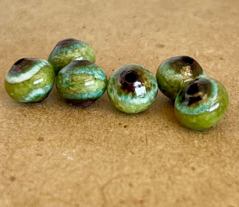 Enameled blue green beads, small round light green beads, jewelry making beads, enamel, copper, small round beads, Artisan Beads Plus image 1