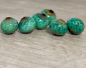 Enameled blue green beads, small round light green beads, jewelry making beads, enamel, copper, small round beads, Artisan Beads Plus