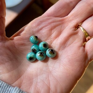 May include: A collection of six turquoise ceramic beads with black centers. The beads are round and have a glossy finish.