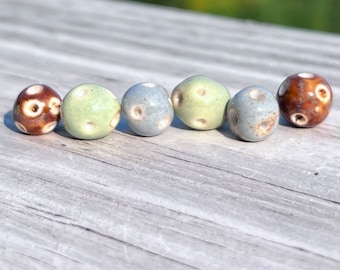 handmade ceramic beads, light blue pottery beads, handmade art beads, green, brown porcelain round beads