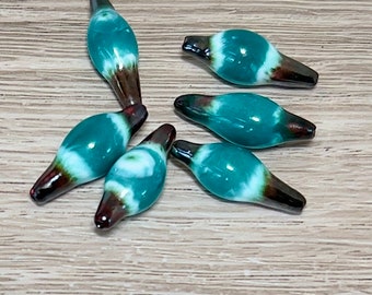 handmade enamel beads, long art beads, torch fired beads, blue turquoise earring beads, boho green beads, variegated beads