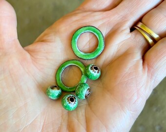 handmade enamel beads organic enamel green olive hoops discs components for earrings necklace bracelet jewelry artisan boho hoops