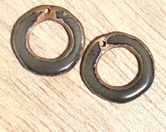 handmade enamel beads organic enamel pair earth tone gray green discs components for earrings necklace bracelet jewelry artisan