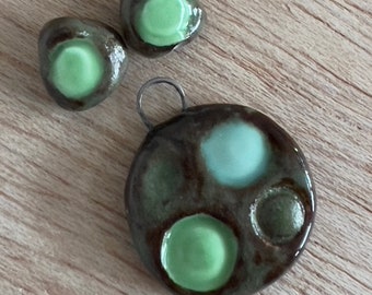 Handmade ceramic beads, ceramic pendant, handmade ceramic bead pair, one of a kind beads, green pottery beads, OOAK, DIY jewlery, art beads