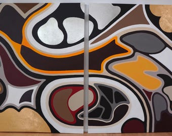 Diptych Abstract Wall Art | Original Acrylic Painting | 2 Panel Artwork | Statement Office Decor | Large Modern Art | Oversized 48x72"