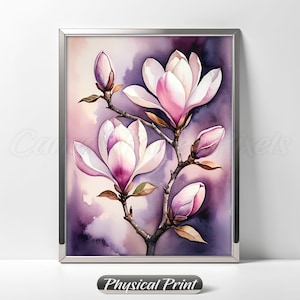 Aquarelle de branche de magnolia en fleurs, fleurs et boutons de magnolia, arbre en fleurs, impression d&#39;art, décoration murale, peinture numérique moderne