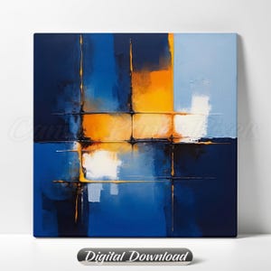 Puede incluir: Arte abstracto cuadrado sobre lienzo con un diseño moderno. La obra presenta bloques de azul oscuro, naranja y azul claro, con reflejos blancos y finas líneas negras. Las palabras "Digital Download" están en la parte inferior.