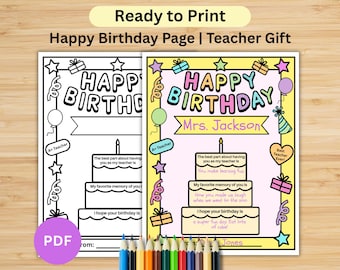 Printable Teacher Birthday Coloring Card, Teacher Birthday Gift, Happy Birthday Card for Teacher, Teacher Birthday Coloring Page