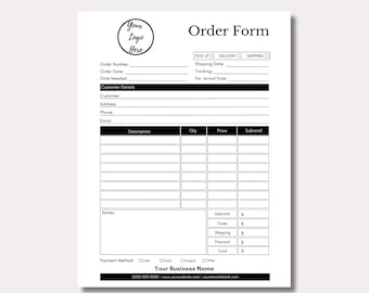 May include: Black and white order form with fields for customer information, order details, shipping information, and a table for item descriptions, quantities, prices, and subtotals. The form also includes sections for notes, payment method, and a business name and contact information.