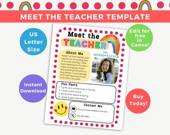 Editable Meet the Teacher Template, Canva Editable Template, Teacher Intro, Classroom Newsletter, Back to School, Instant Download