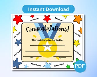 Certificate of Achievement, Student Congratulations Certificate, End of Year School Award, No Editing Required, Just Download & Print