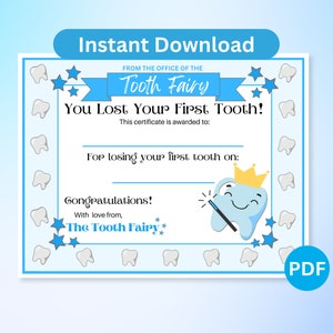 Certificat fée des dents, premier certificat dent perdue, certificat fée des dents pour enfants, dent perdue, garçon fée des dents, cadeau dent perdue