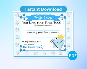 Tooth Fairy Certificate, First Lost Tooth Certificate,  Kids Tooth Fairy Certificate, Lost Tooth,  Tooth Fairy Boy, Lost Tooth Gift