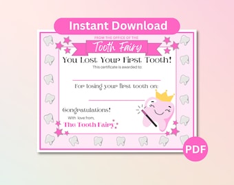 Certificato della Fatina dei Denti, Certificato del Primo Dente Perso, Certificato della Fatina dei Denti per Bambini, Dente Perso, Fatina dei Denti Bambina, Regalo Dente Perso