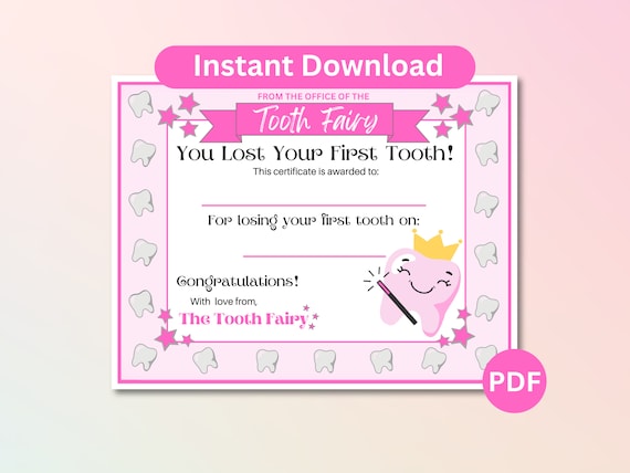 Tooth Fairy Certificate, First Lost Tooth Certificate,  Kids Tooth Fairy Certificate, Lost Tooth,  Tooth Fairy Girl, Lost Tooth Gift