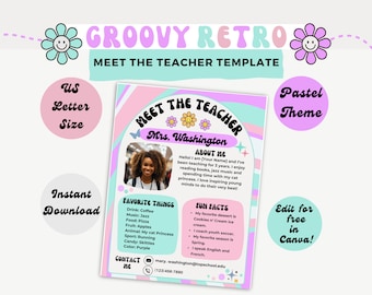 Editable Meet the Teacher Template, Retro Groovy Pastel Canva, Canva Editable Template, Teacher Intro, Classroom Newsletter, Back to School