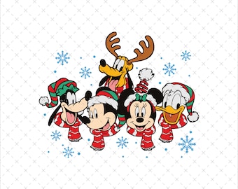May include: A group of Disney characters wearing winter hats and scarves. Mickey Mouse, Minnie Mouse, Goofy, Donald Duck, and Pluto are all smiling and looking at the viewer. The characters are against a white background with a snowflake pattern.
